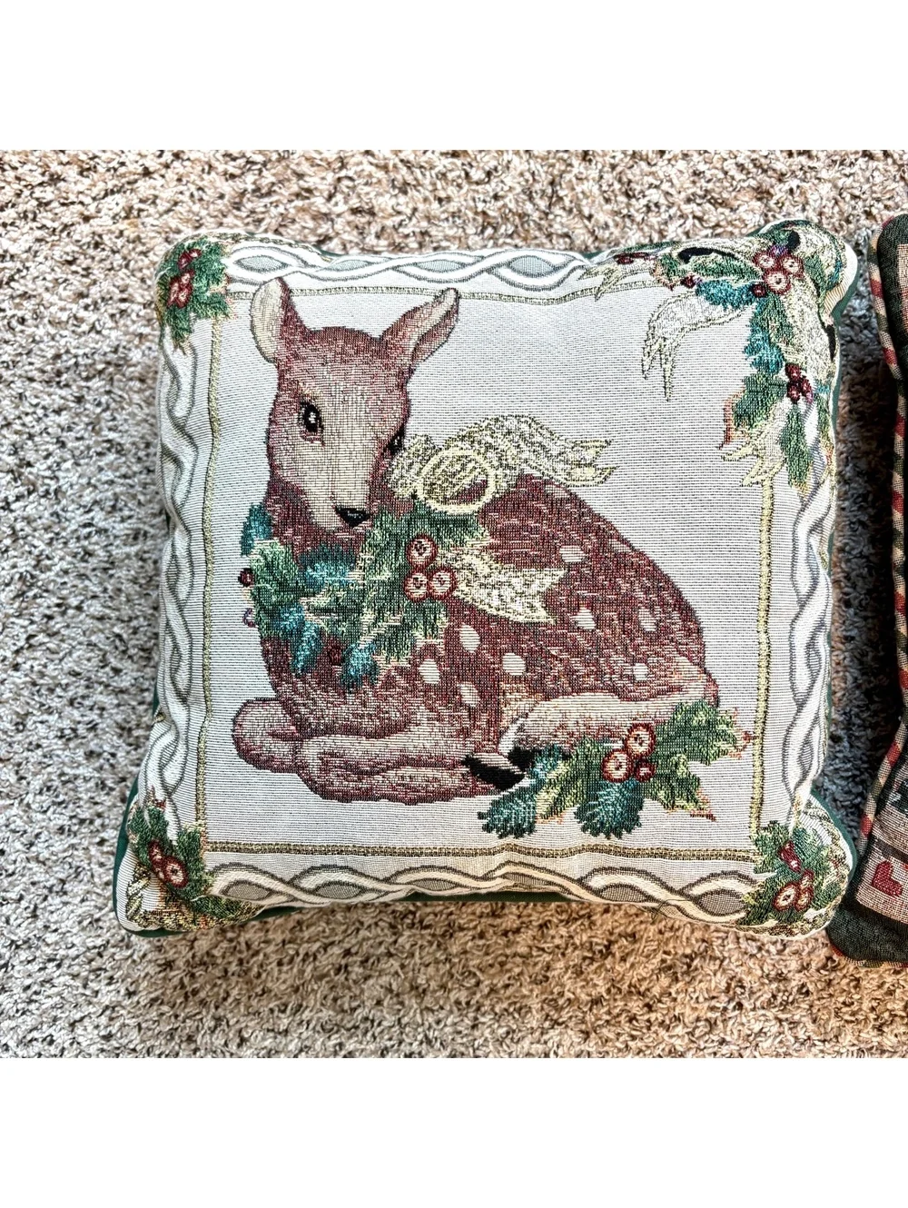 Set of 2 Vintage Christmas Tapestry Throw Pillows Deer Teddy Bear Holiday 16x16